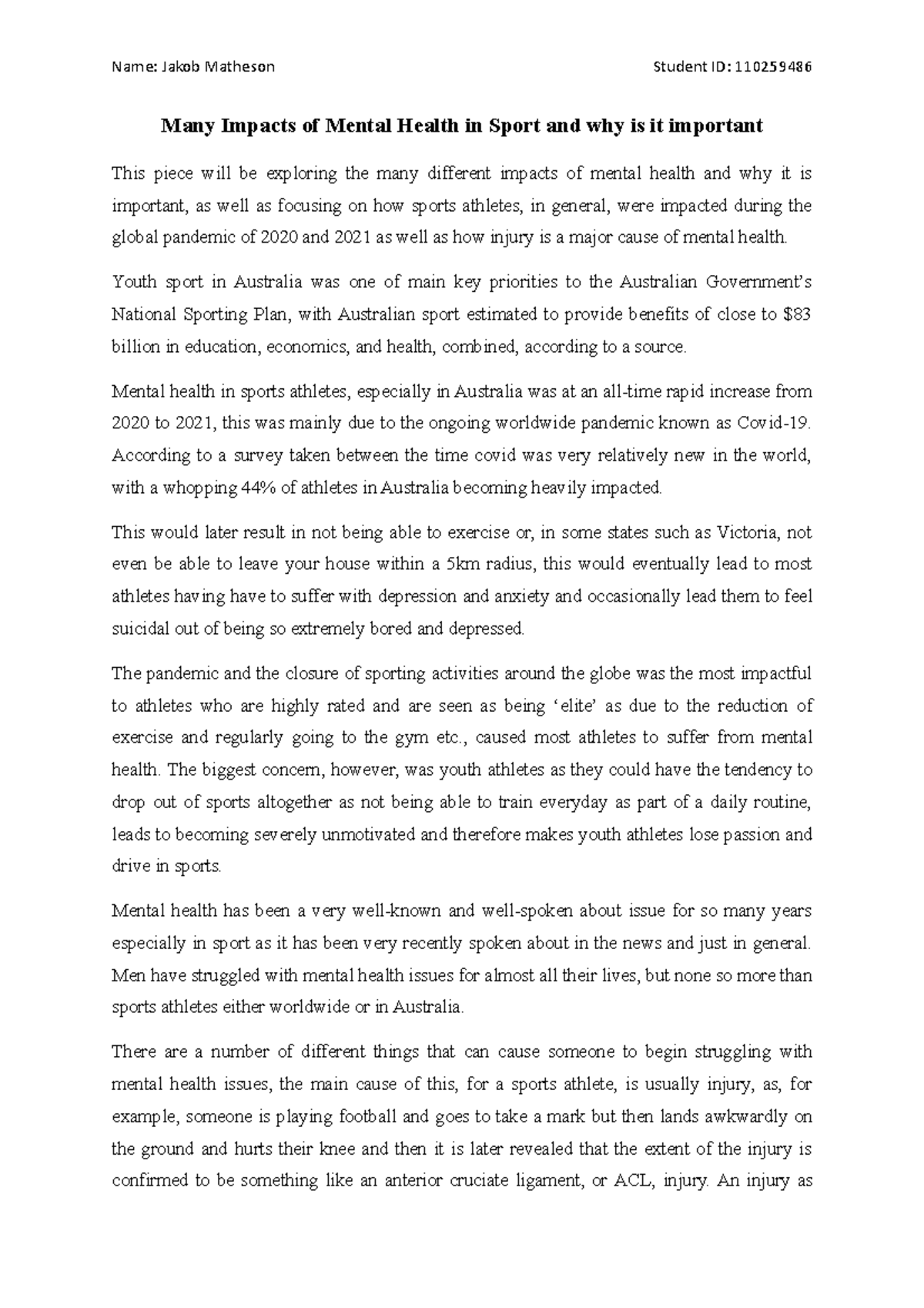 ANW Assignment 3 Many Impacts of Mental Health in Sport and why is it