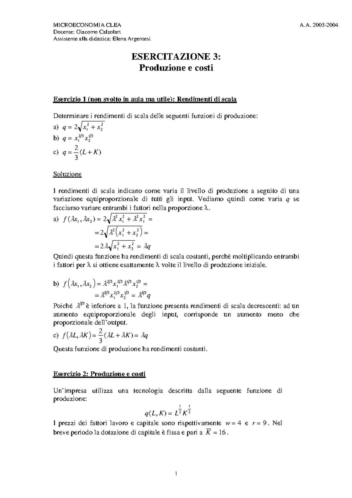 Esercitazione Economia Politica - Costi e Produzione - MICROECONOMIA ...