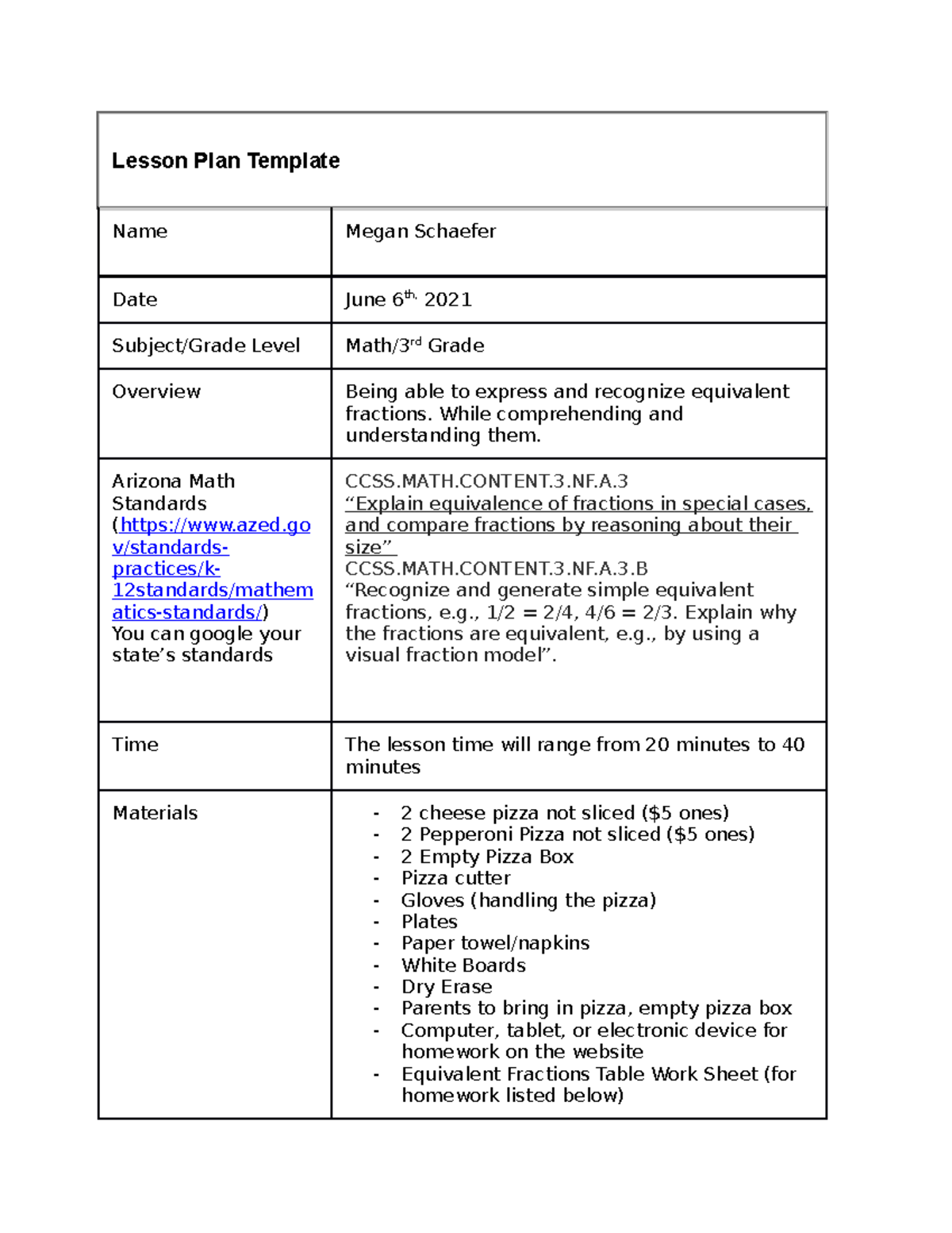 MAT-150; Lesson Plan #2 - Lesson Plan Template Name Megan Schaefer Date ...