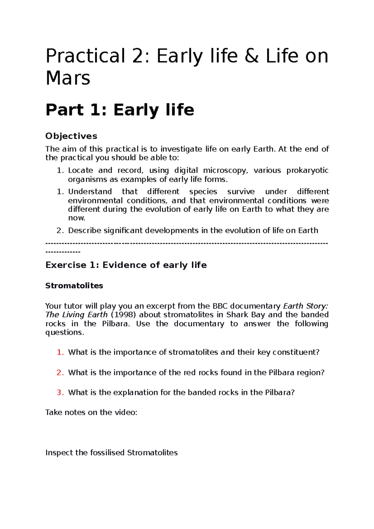 Practical two Biol114 Practical 2 Early life & Life on Mars Part 1