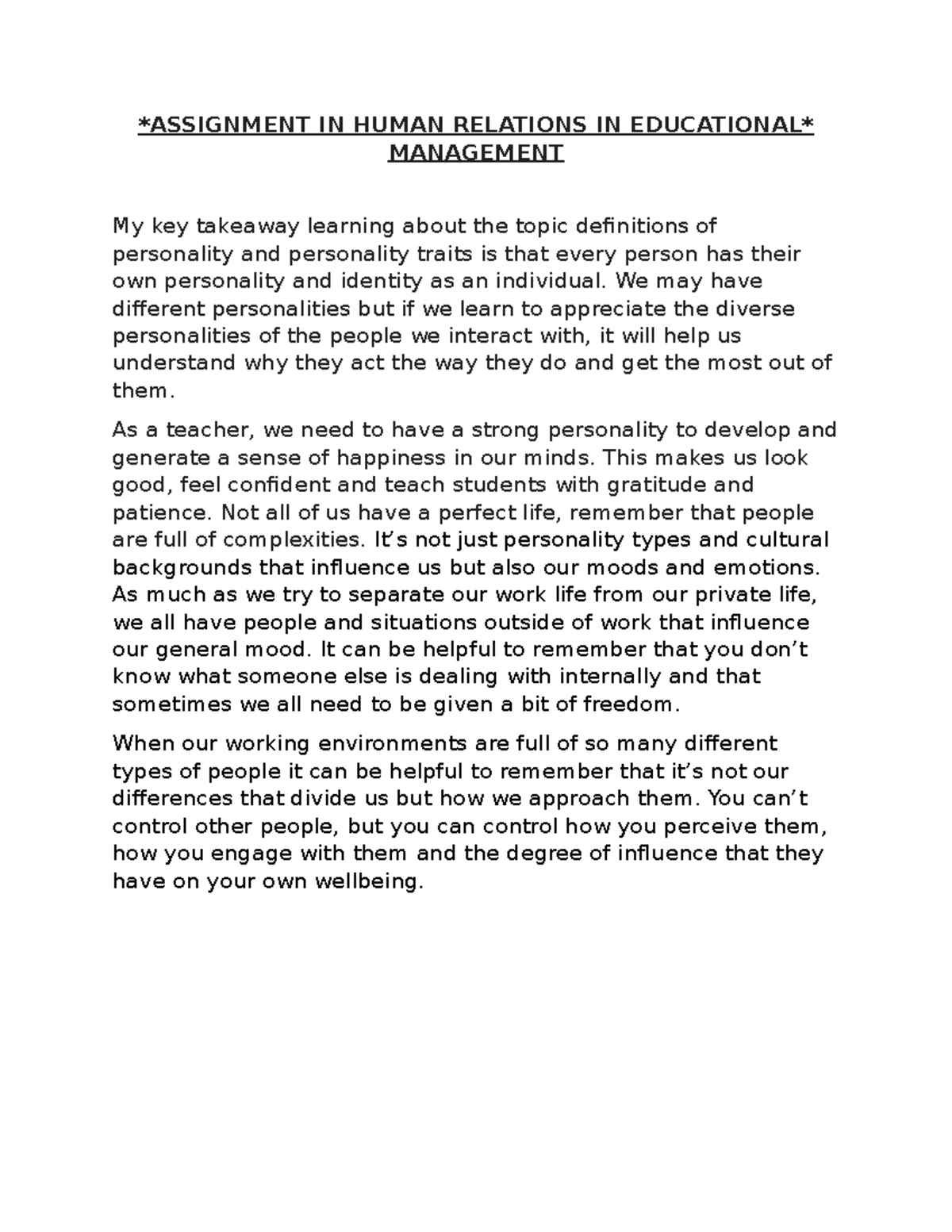 Assignment IN Human Relations IN Educational ZYRA T. Zamora ...