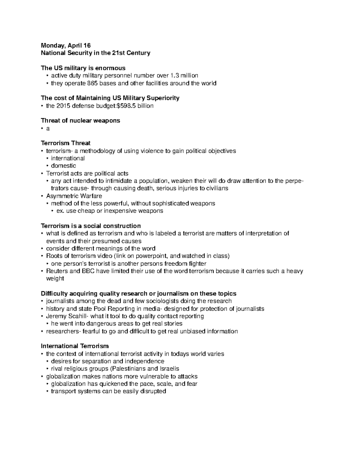 Mon Wed Mon April 16 18 23 National Security In The 21st Century Studocu
