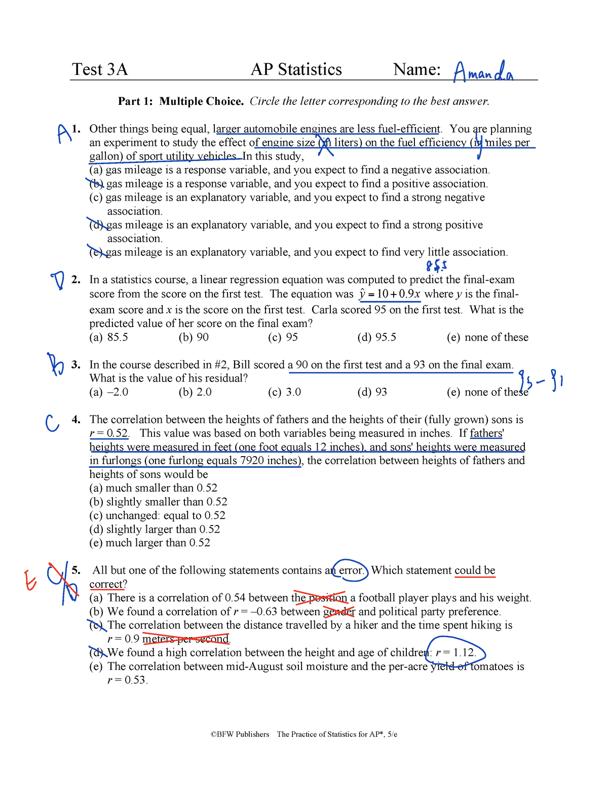 Test 3a Practice 3a Test 3a Ap Statistics Name Amanda Part 1