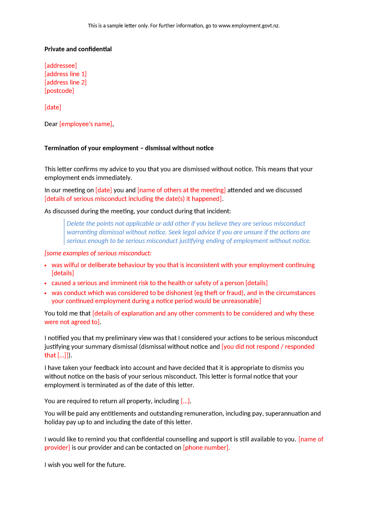 Sample letter termination of employment dismissal without notice - This ...