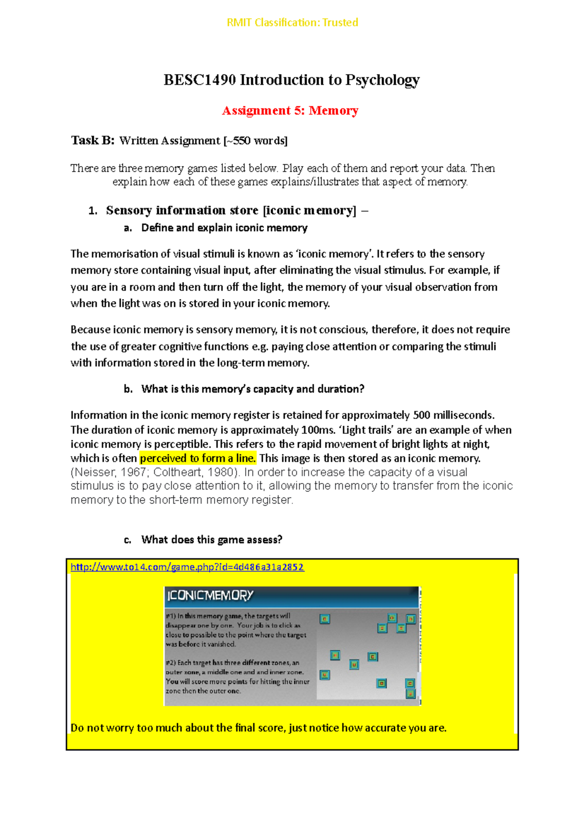 memory assignment psychology