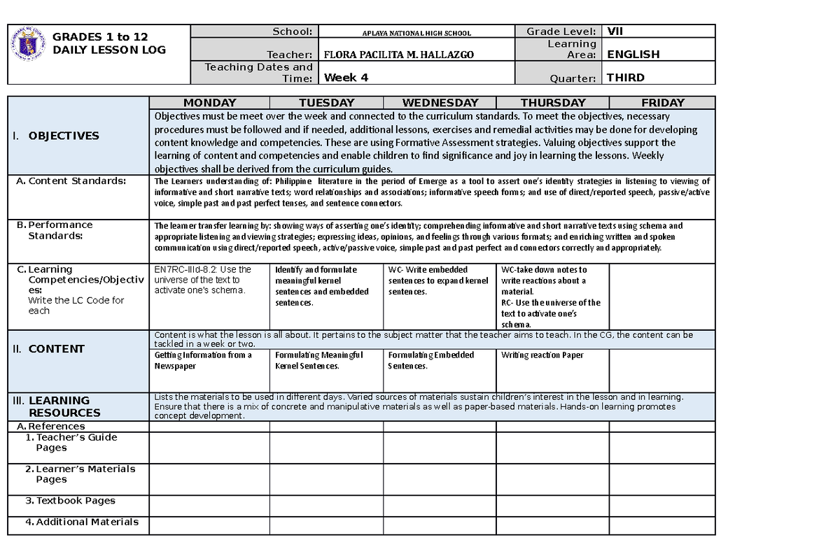 DLL 3rd Qrtr week 4 - daf - GRADES 1 to 12 DAILY LESSON LOG School ...