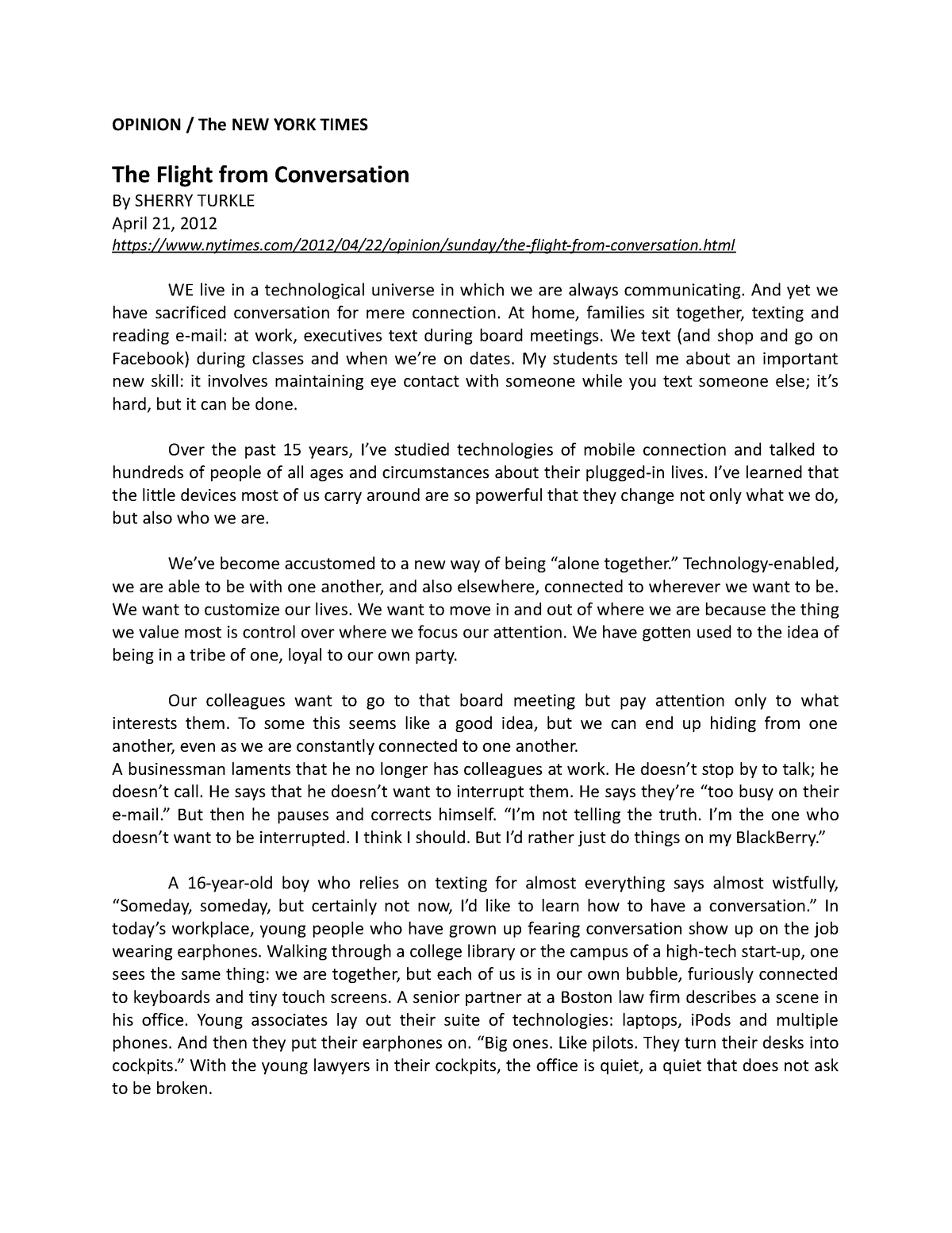 Opinion The Flight From Conversation By Sherry Turkle Opinion The New York Times The Flight 