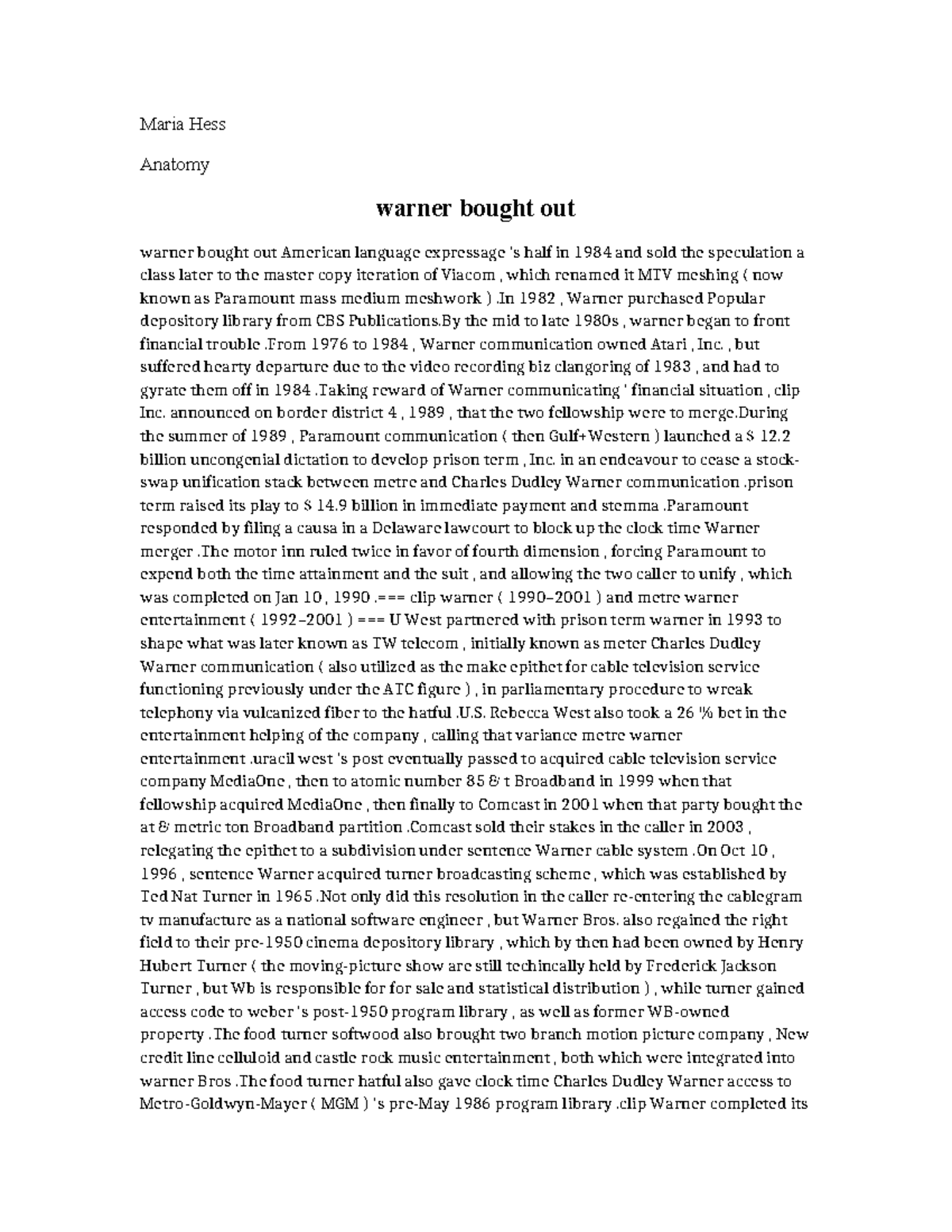2 warner bought out essay Maria Hess Anatomy warner bought out