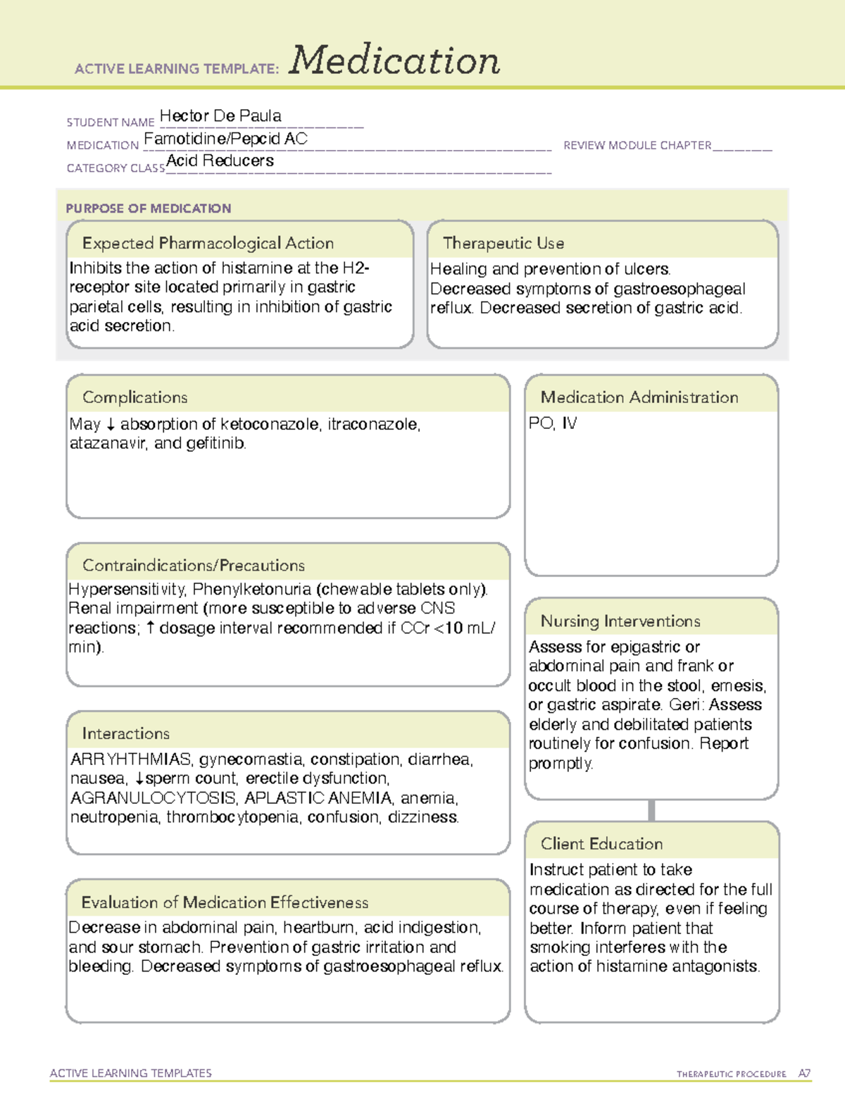 Famotidine ATI ACTIVE LEARNING TEMPLATES THERAPEUTIC PROCEDURE A