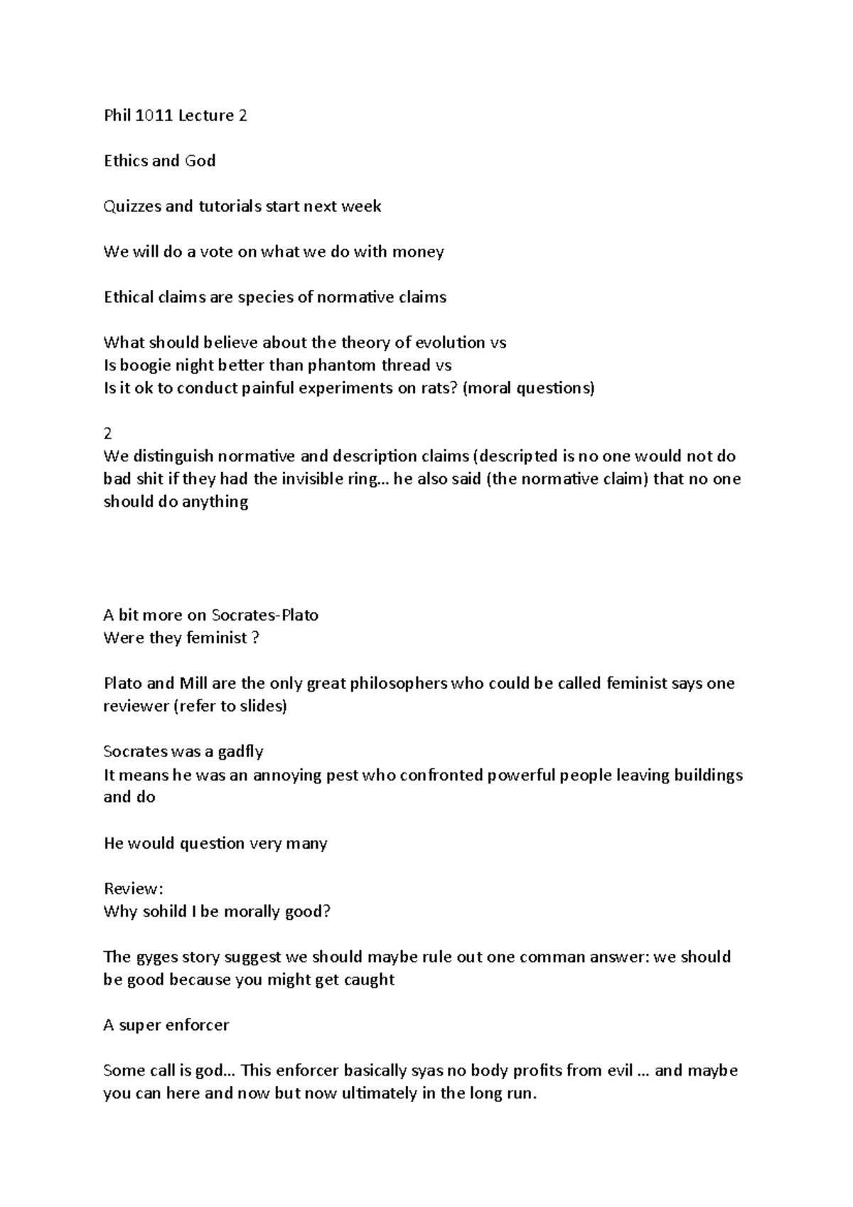 Phil 1011 lecture 2 - Lec 2 notes - Phil 1011 Lecture 2 Ethics and God ...