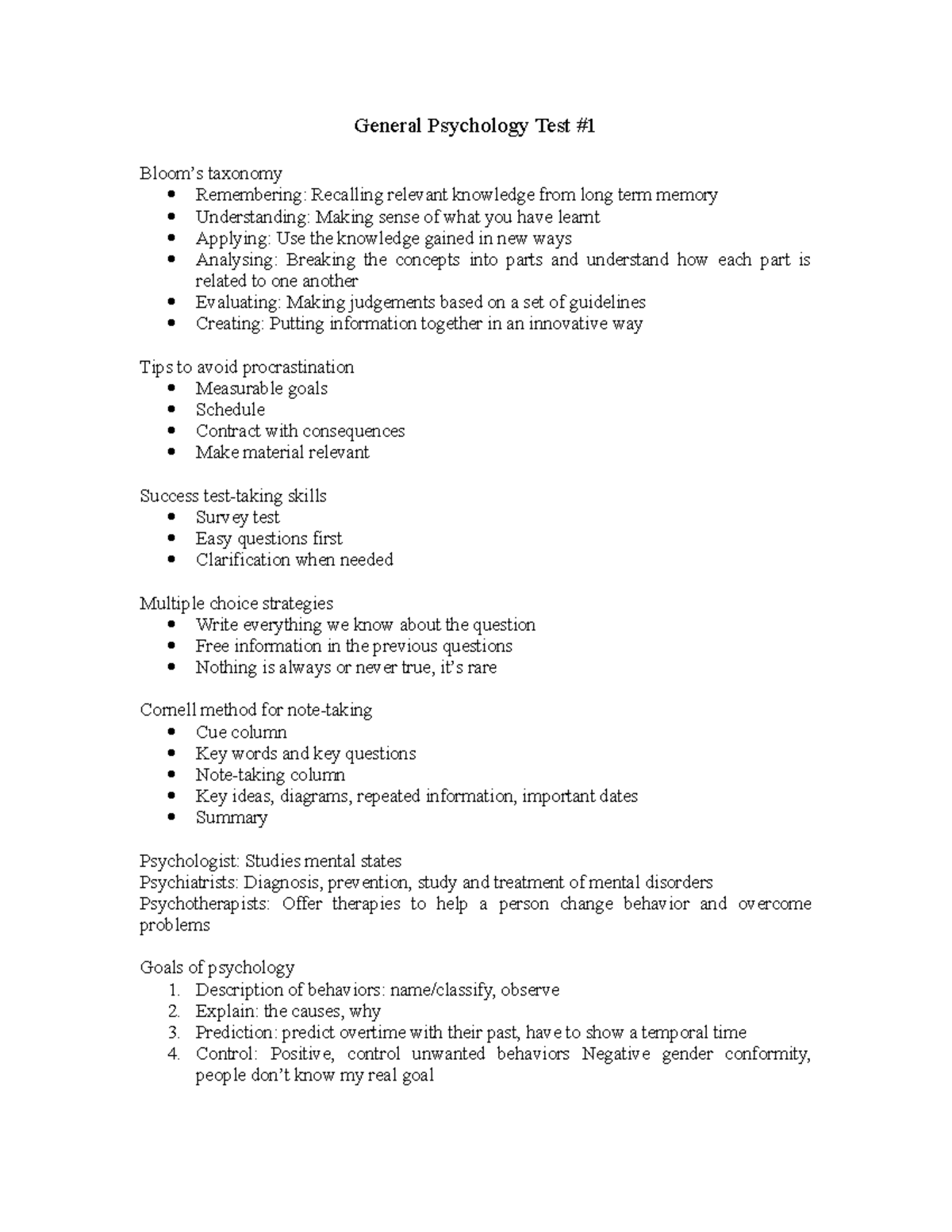 General Psychology Test#1 - General Psychology Test Bloom’s taxonomy ...