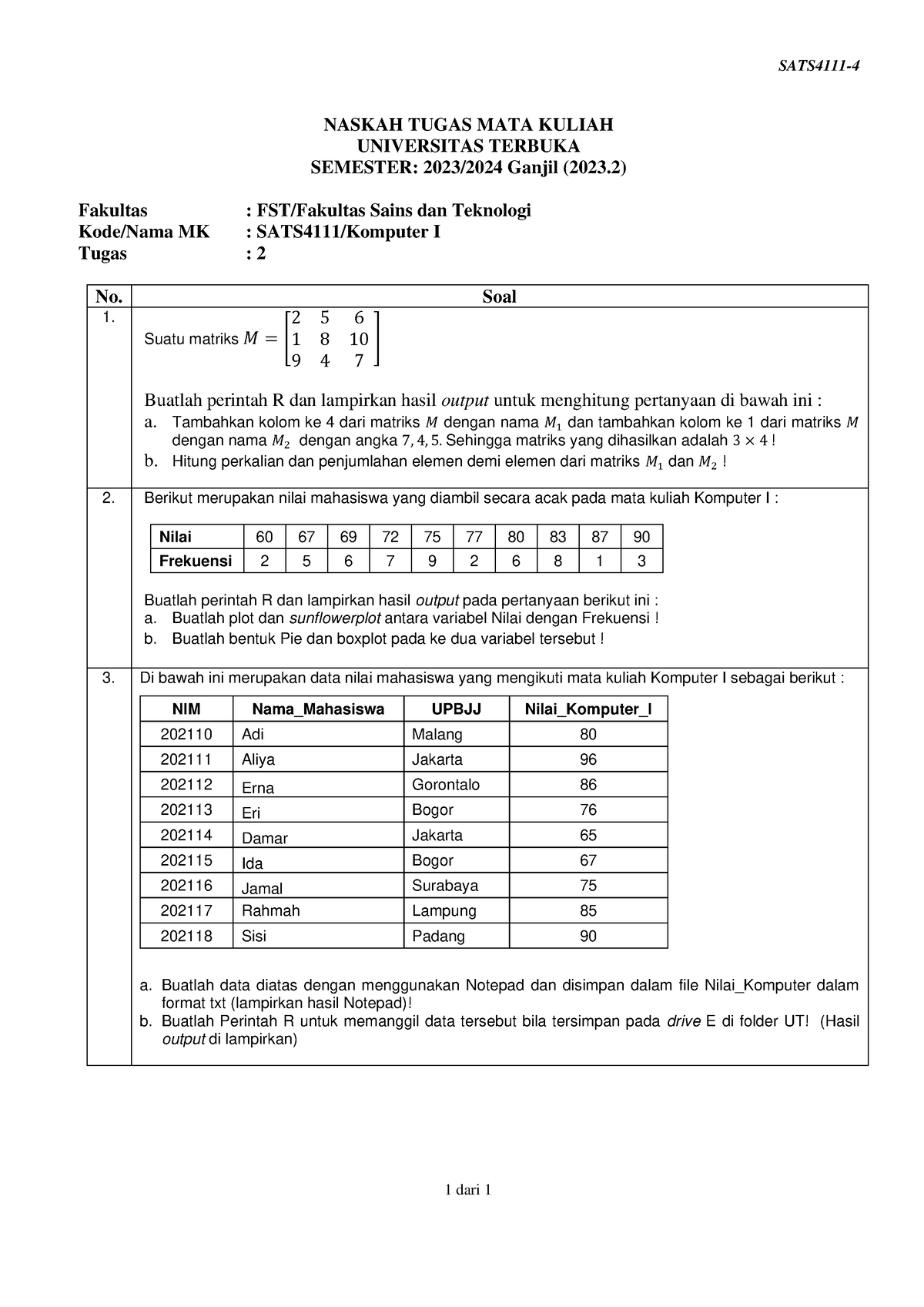 Soal Sats4111 Tmk2 4 - TUGAS MATA KULIAH 2 - SATS4111- 4 1 Dari 1 ...