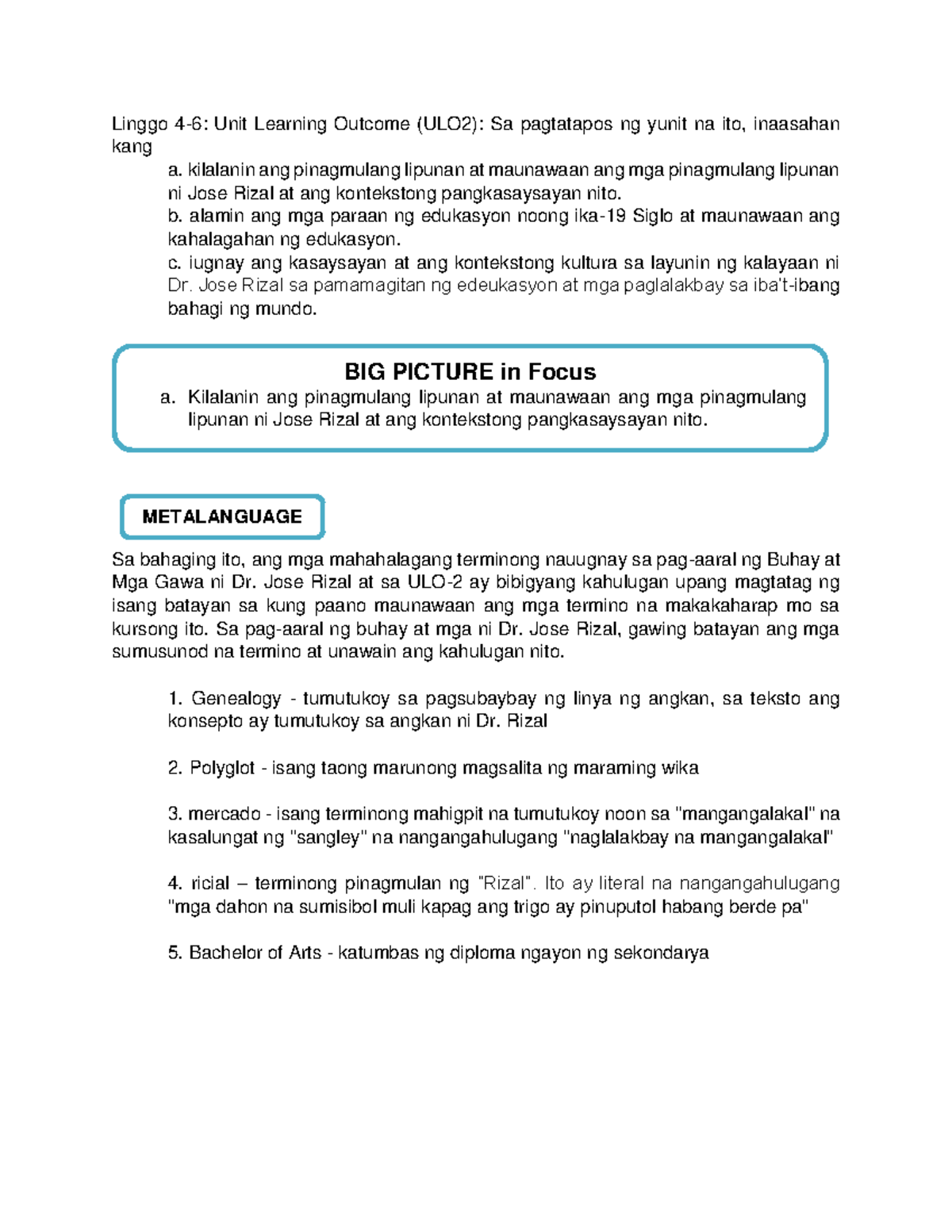 SIM GE 6 week 4 Filipino Version - Linggo 4-6: Unit Learning Outcome ...