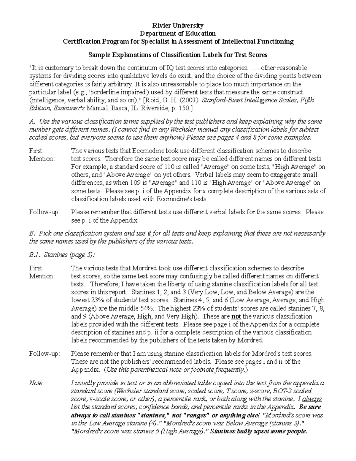 Sample Explanations of Classification Labels for Test Scores - Rivier ...