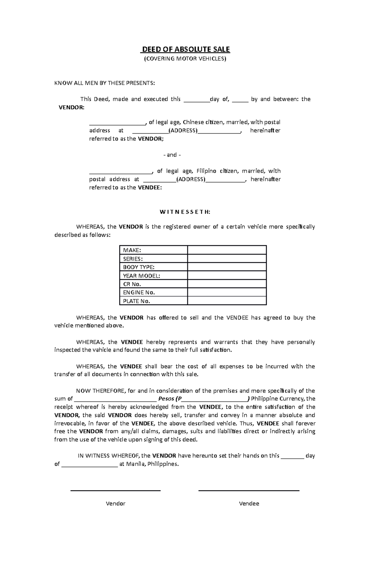 Deed of Sale of vehicle - DEED OF ABSOLUTE SALE (COVERING MOTOR ...