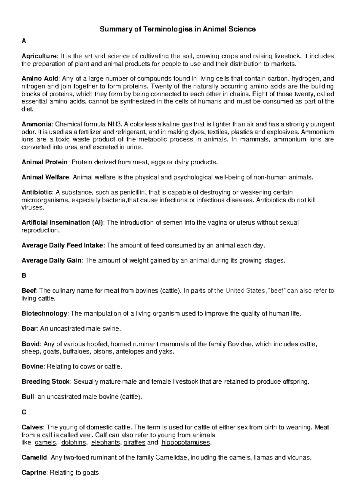 AGRI 112 Input 1 - Terminologies - Summary of Terminologies in Animal ...