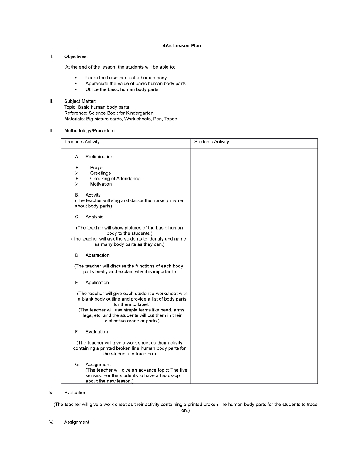 4As Lesson Plan - VERY HELPFUL - 4As Lesson Plan I. Objectives: At The ...