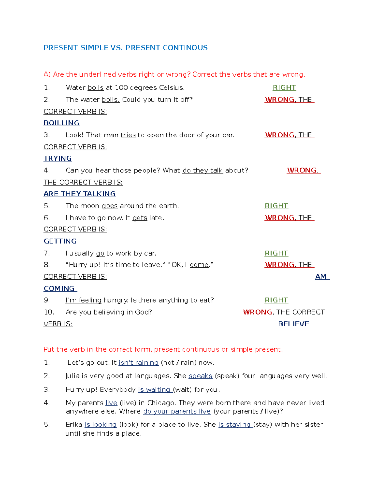 W02 - PE1 - Homework - Present Simple vs Present continuous - PRESENT ...