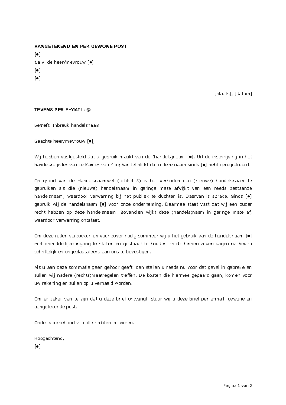 Sommatiebrief Inbreuk Handelsnaam Wetboek Plus - AANGETEKEND EN PER ...