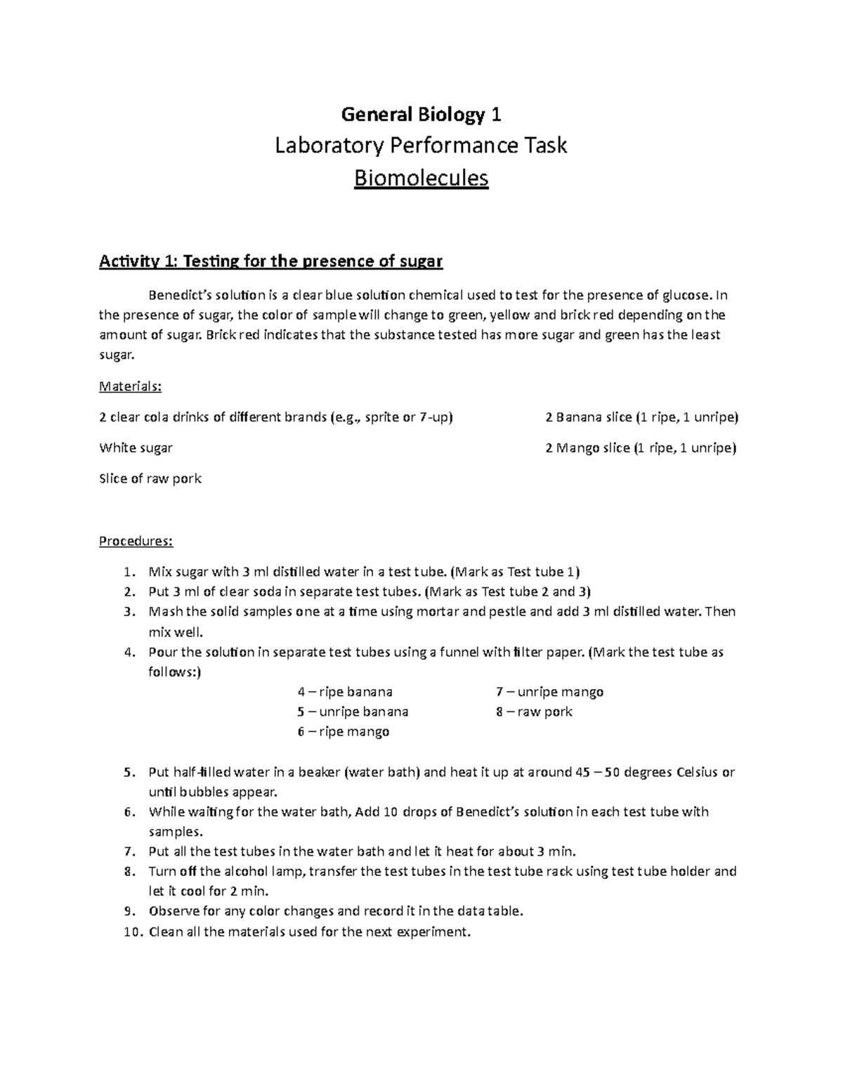 Testing sugar, protein and fats lab General Biology 1 Laboratory