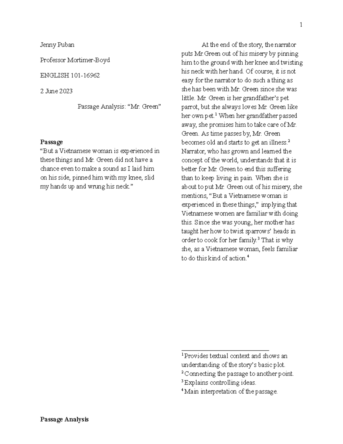 Timed Passage Analysis Short Story - 1 Jenny Puban Professor Mortimer ...