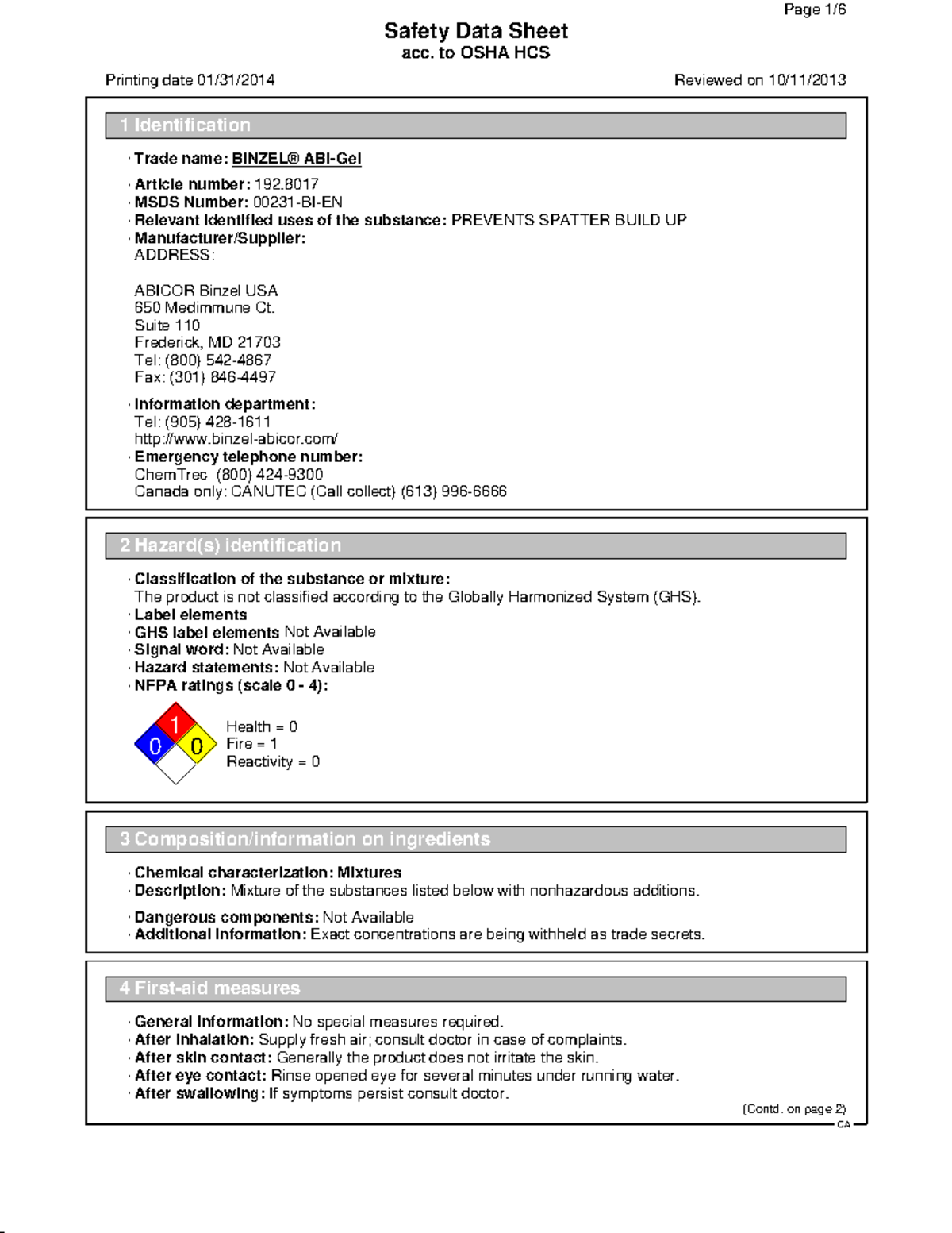 ABI- Gel - Good - Safety Data Sheet acc. to OSHA HCS Printing date 01 ...