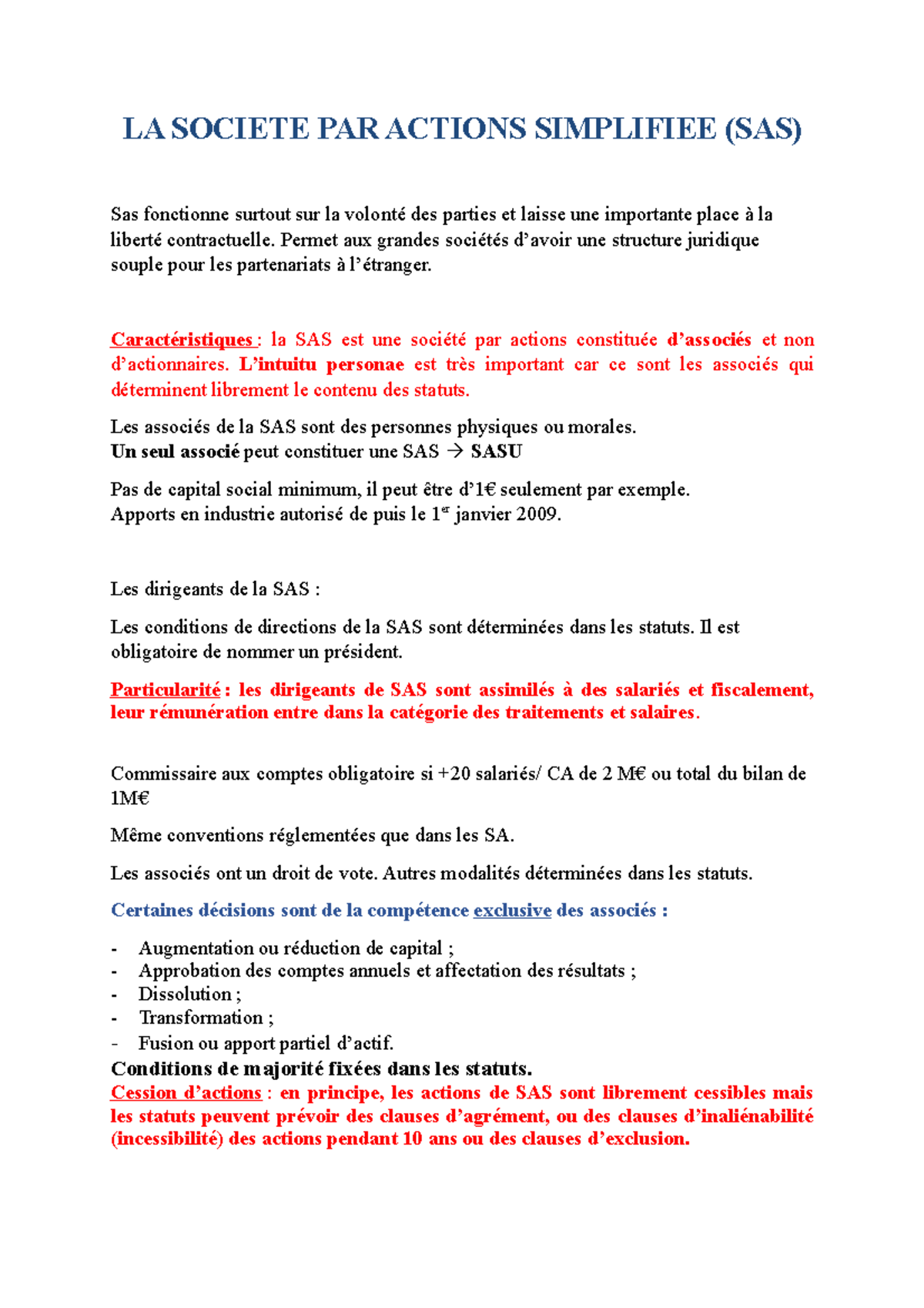 Fiche SAS - LA SOCIETE PAR ACTIONS SIMPLIFIEE (SAS) Sas fonctionne ...