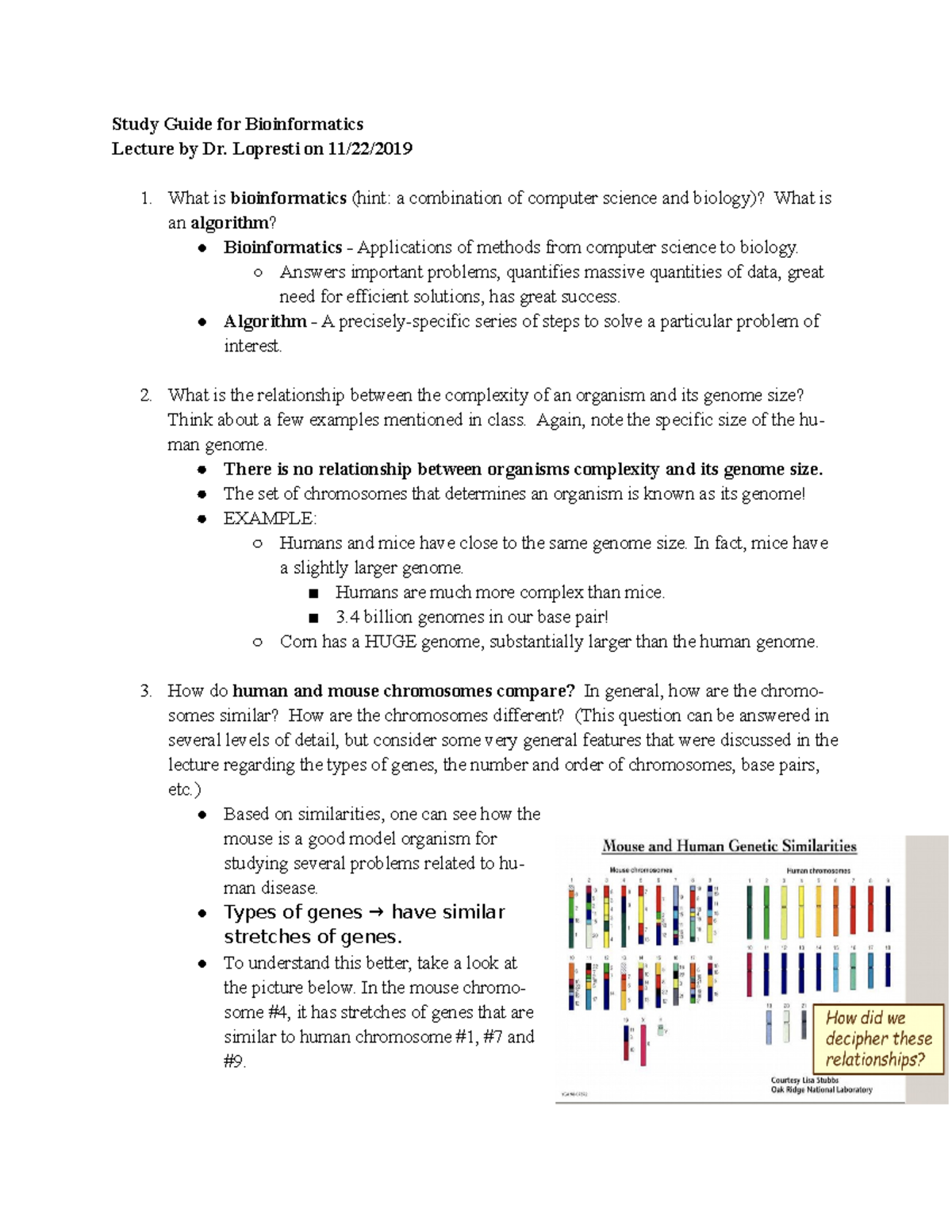 Bioinformatics - Study Guide for Bioinformatics Lecture by Dr. Lopresti ...