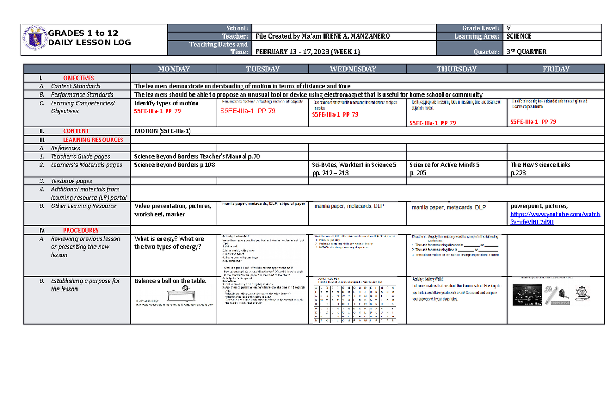 Dll Science 5 Q3 W1 Grades 1 To 12 Daily Lesson Log School Grade Level V Teacher File 7612