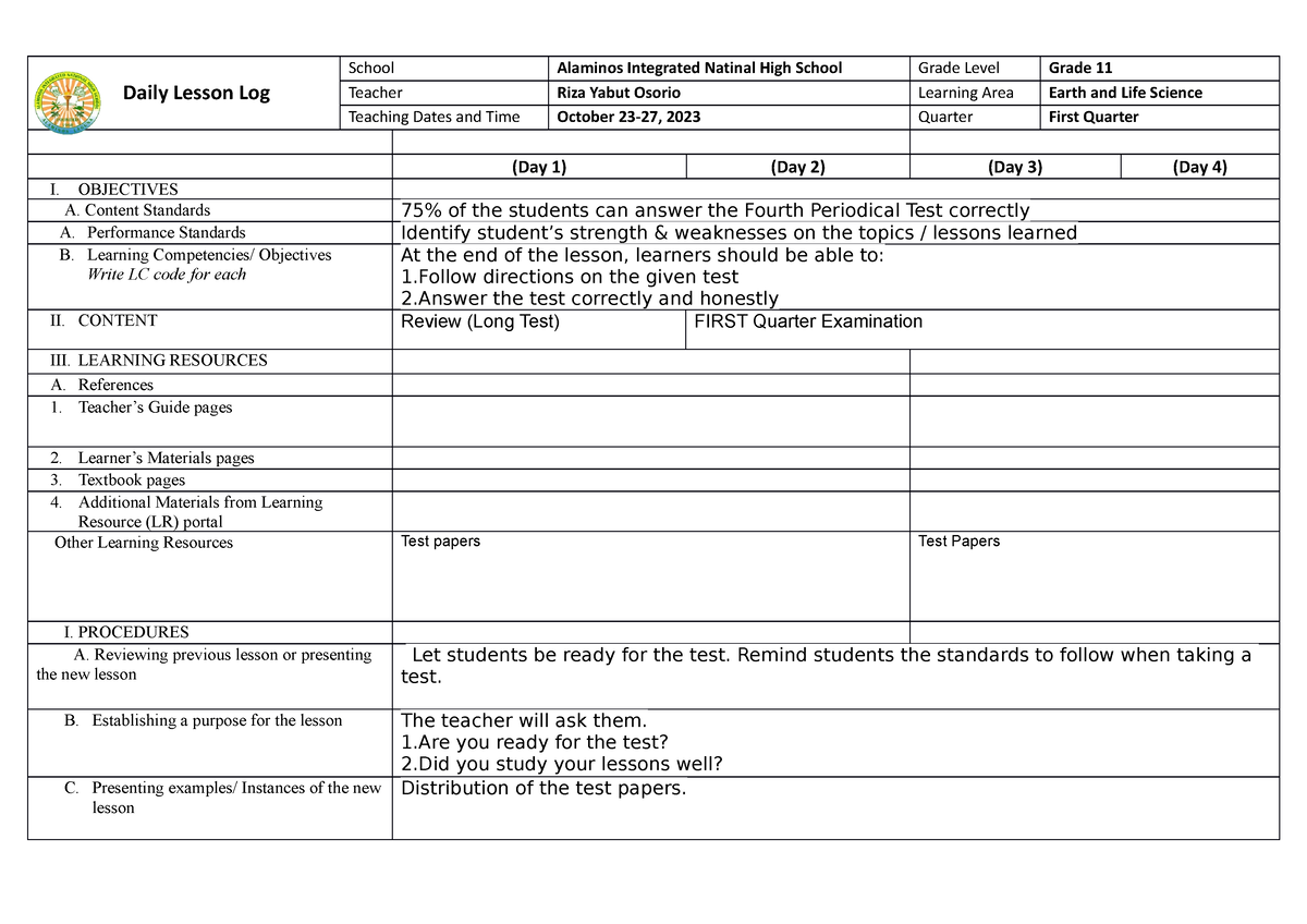 Dll quarter week 10 (2nd quarter examination) - Daily Lesson Log School ...