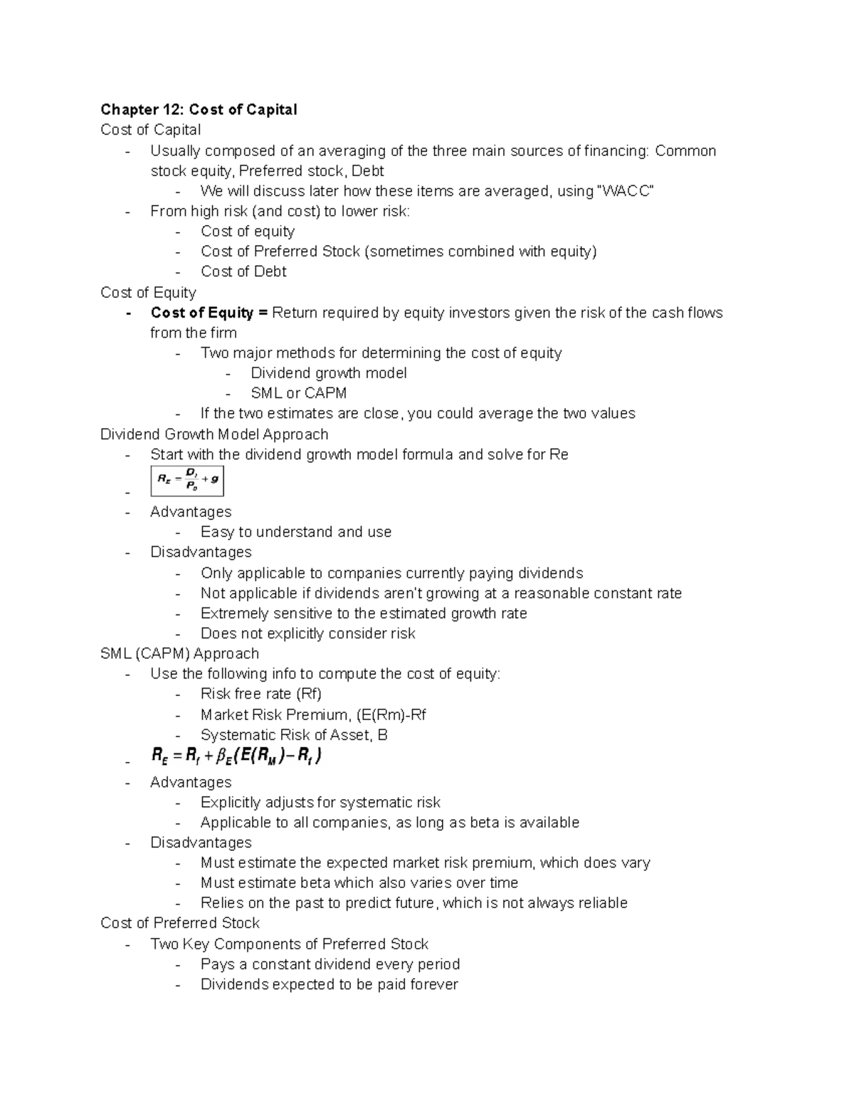 Chapter 12 Notes - Chapter 12: Cost of Capital Cost of Capital ...