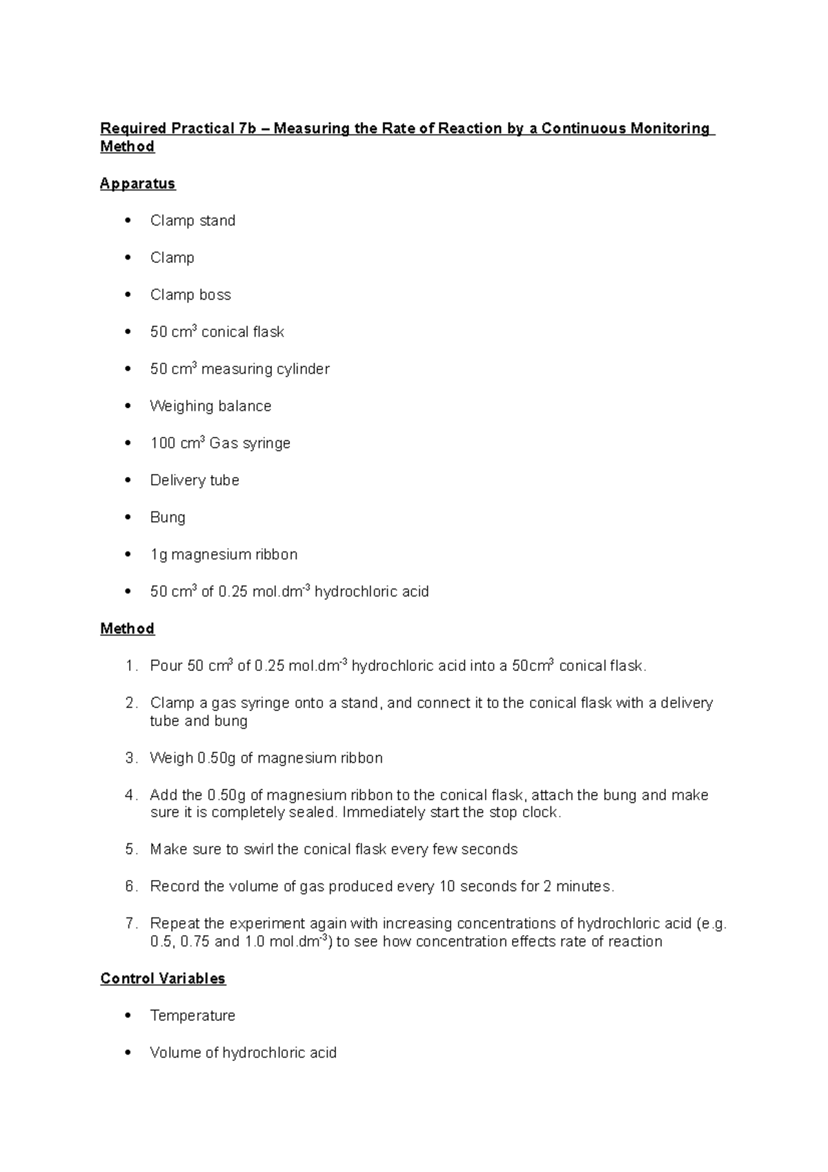 7b - Rp 7b - Required Practical 7b – Measuring The Rate Of Reaction By 