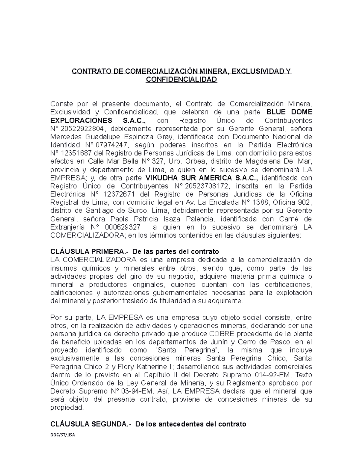 Contrato De Exclusividad Contrato De ComercializaciÓn Minera