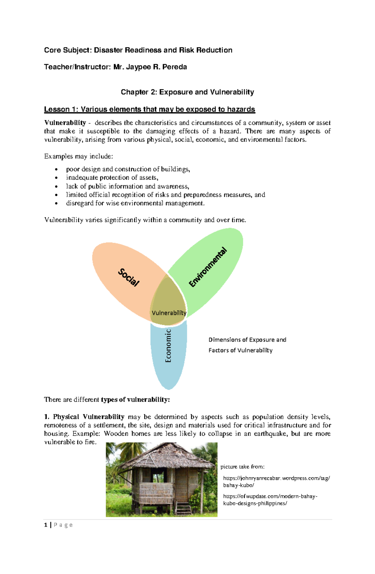 Chapter 2 Exposure and Vulnerability - Economic Core Subject: Disaster ...