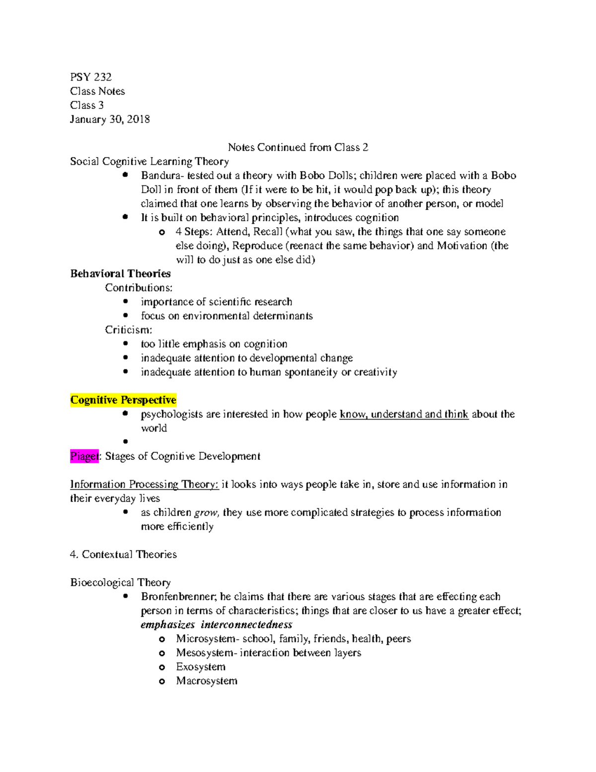 PSY232 0003 Jan30 - Professor Susan Rattan; Semesterly Note Taker- All ...