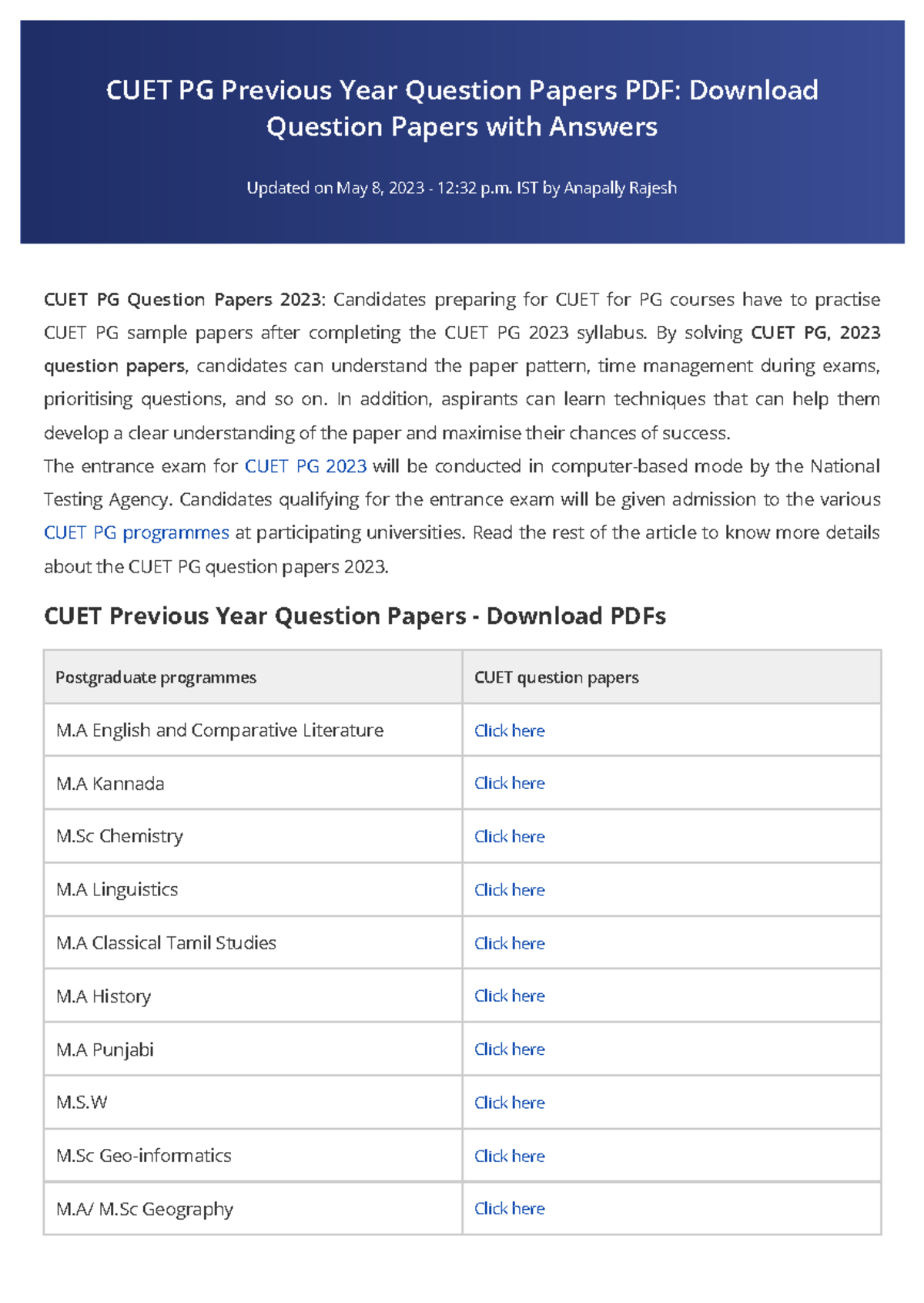 Article 109455 - CUET PG Previous Year Question Papers PDF: Download ...