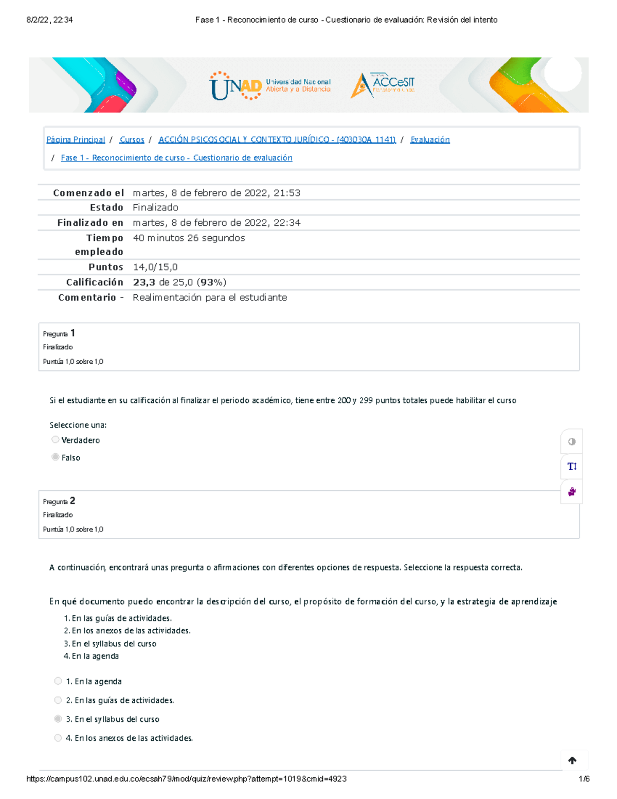 Fase 1 - Reconocimiento De Curso - Cuestionario De Evaluación Revisión ...