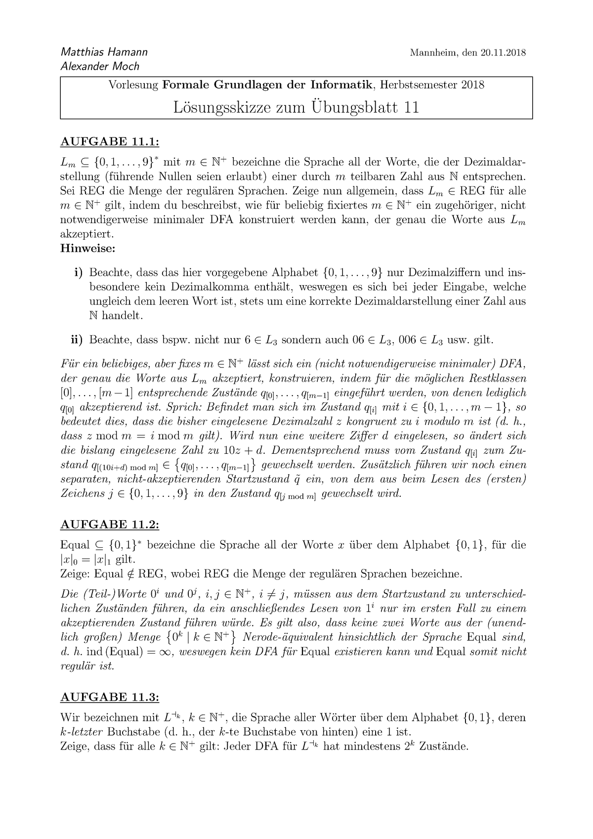 Blatt 11-lsg - Lösungen Von Übungsaufgaben Der Formalen Grundlagen Der ...