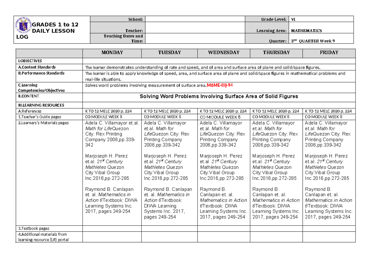 DLL Mathematics 6 Q3 W9 - GRADES 1 to 12 DAILY LESSON LOG School: Grade ...