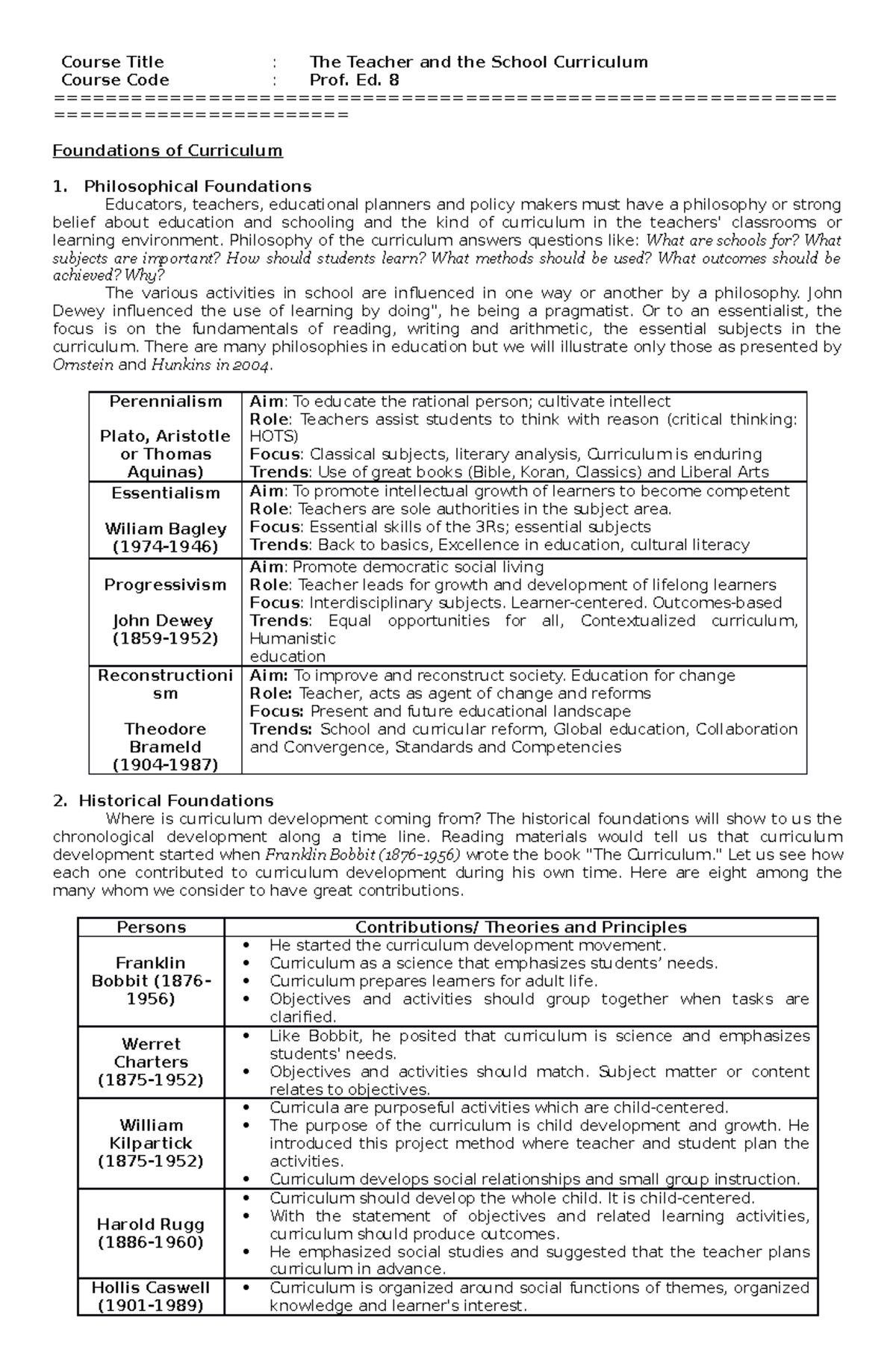 Foundations Of Curriculum Course Title The Teacher And The School 