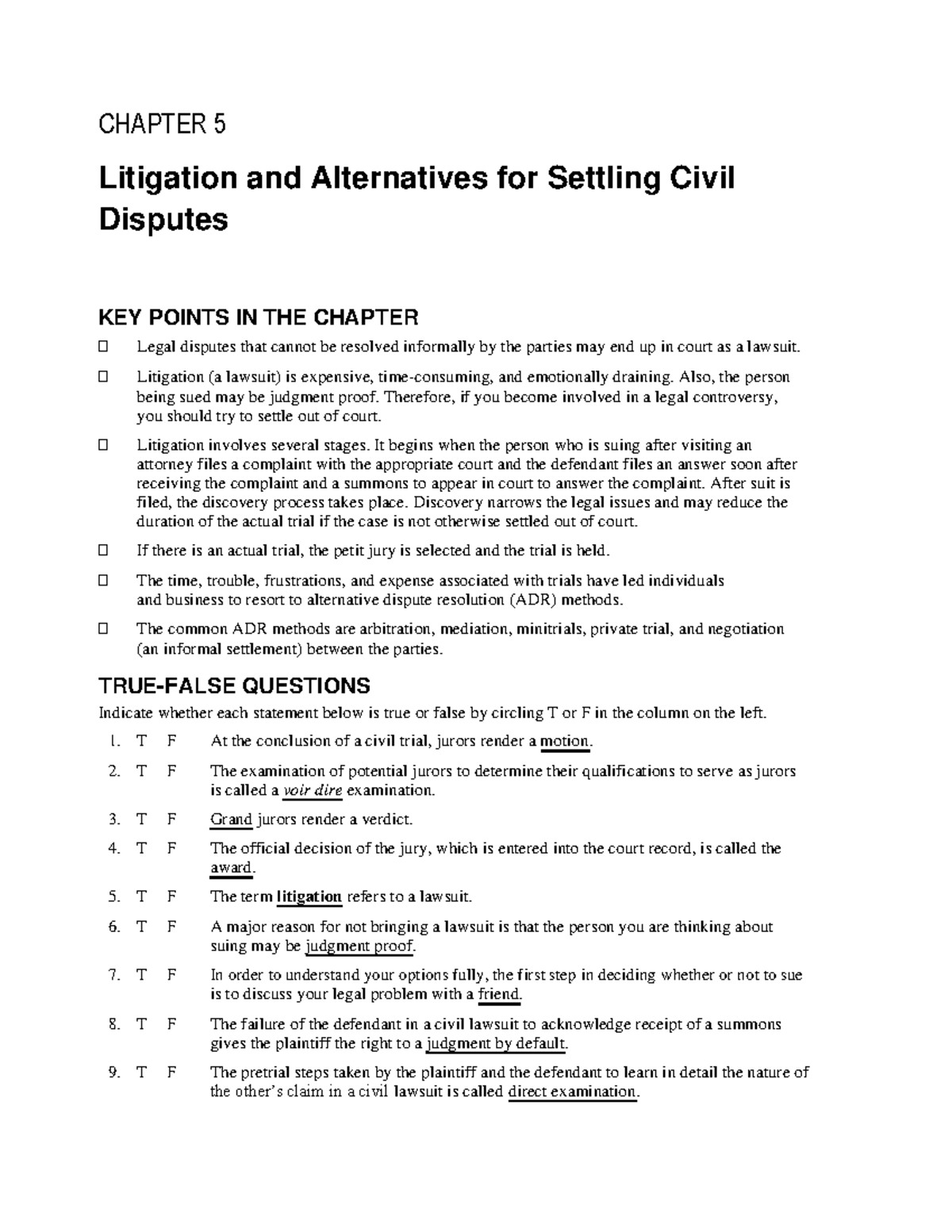 Ch05 Litigation and Alternatives for Settling Civil Disputes - CHAPTER ...