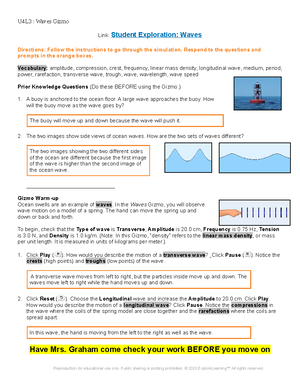 Rosal Lubana - U4L3: Waves Gizmo - U4L3 : Waves Gizmo Link: Student  Exploration: Waves Directions: - Studocu