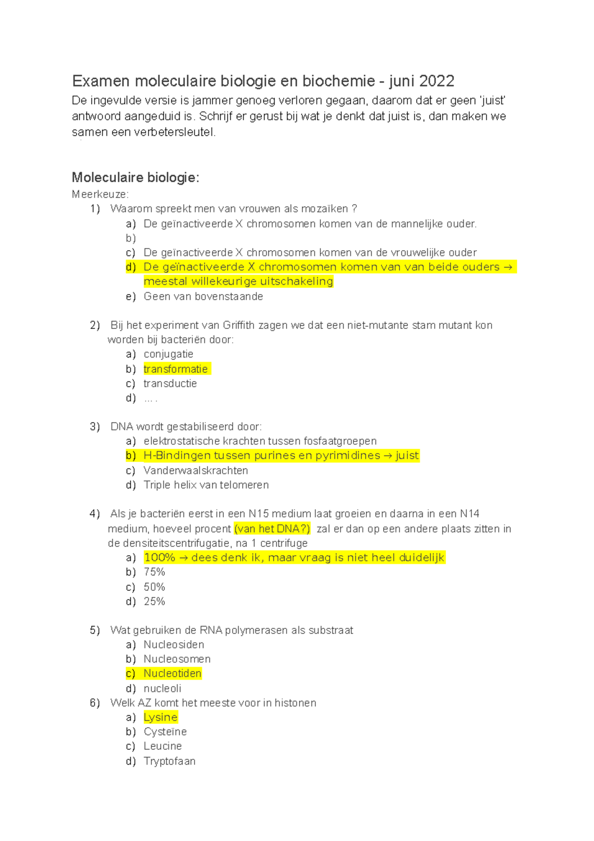 2021-2022 - Moleculaire Biologie En Biochemie - Examen Moleculaire ...