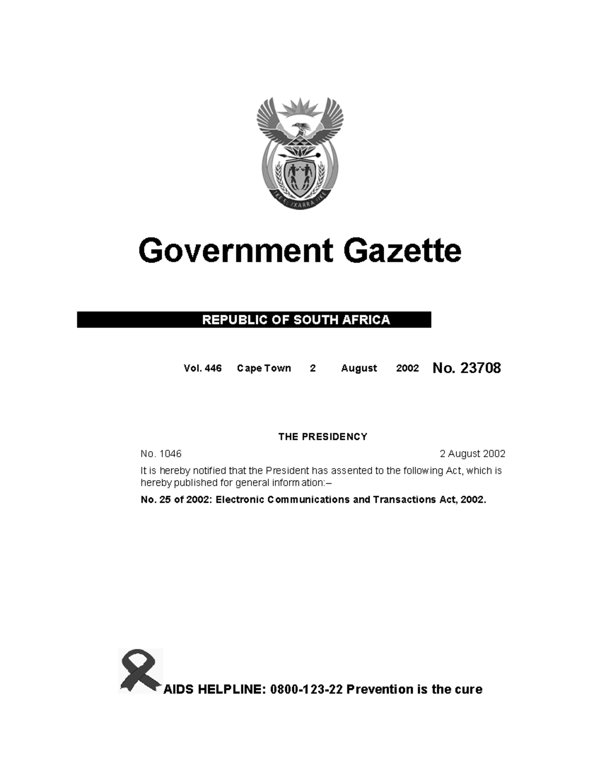 Electronic Communications and Transactions Act 25 of 2002 Government