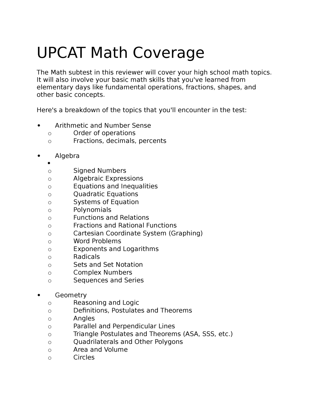 Upcat Coverage - For Reviewers - UPCAT Math Coverage The Math Subtest ...