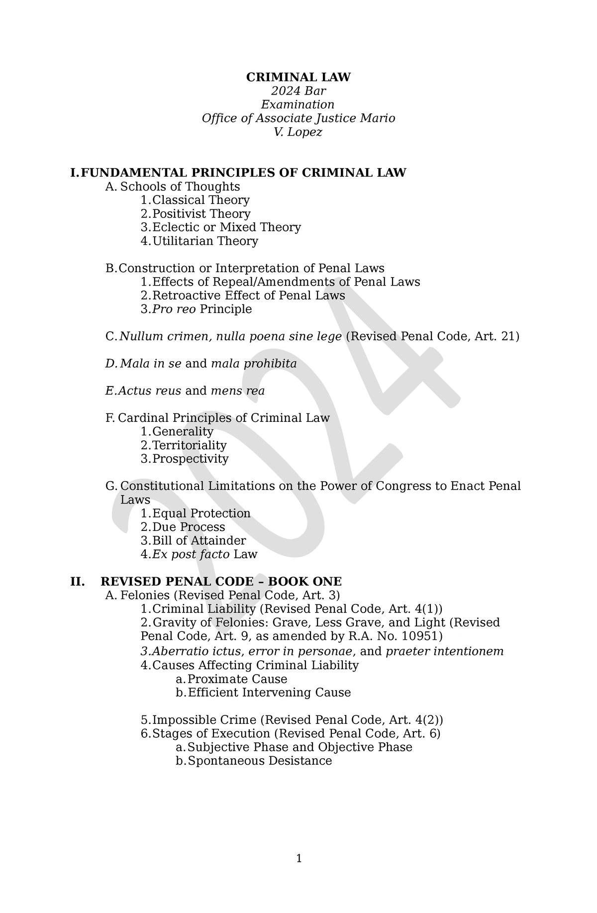 Criminal Law CRIMINAL LAW 2024 Bar Examination Office of Associate