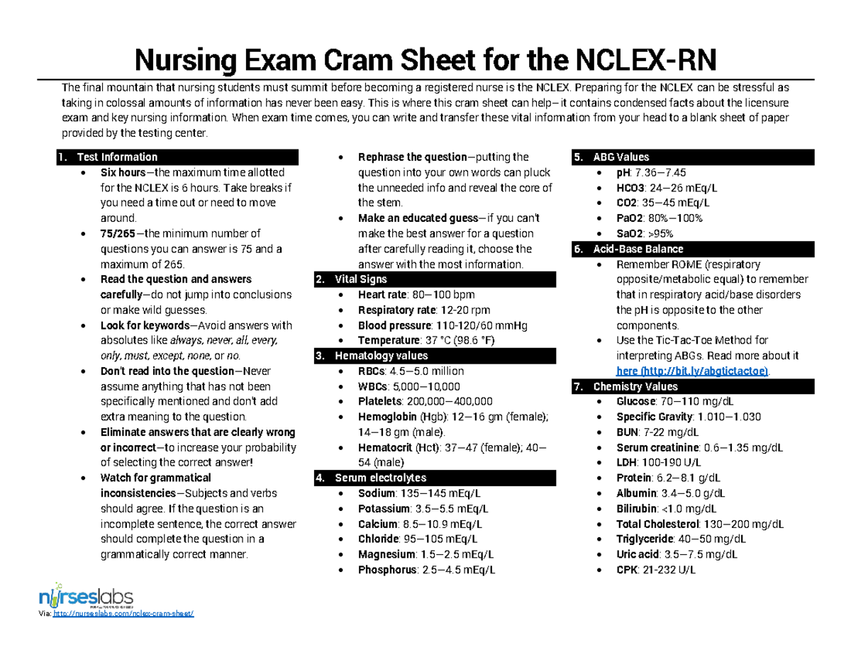 R1 - LAB VALUES - Nursing Exam Cram Sheet for the NCLEX-RN The final ...