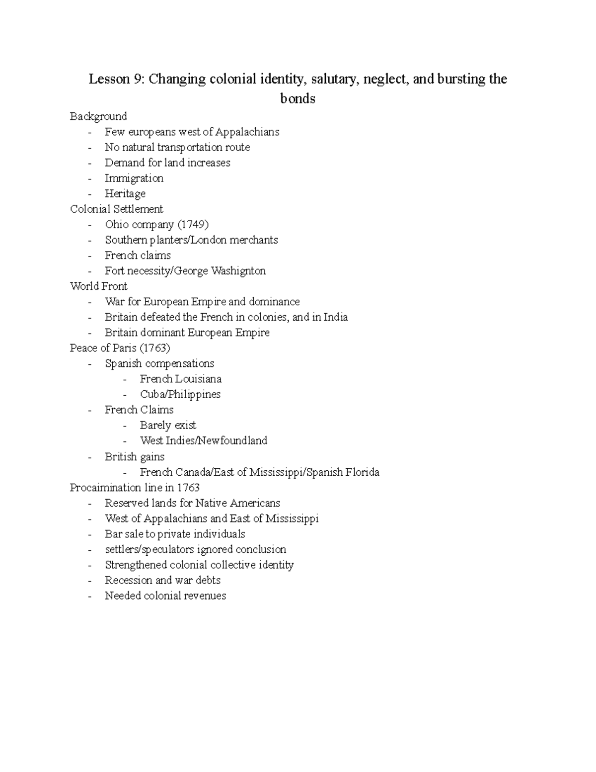 History Lesson 9 - changing colonial identity, salutary, neglect, and ...