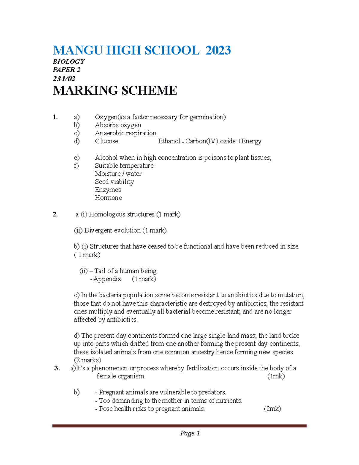Biology PP2 MS Highschool studies MANGU HIGH SCHOOL 2023 BIOLOGY PAPER 2 231/ MARKING SCHEME
