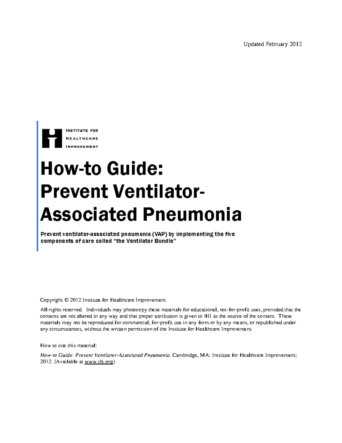 How-to Guide Prevent Ventilator Associated Pneumonia - Updated February ...